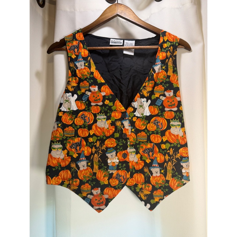 Basic Editions Vintage Halloween Vest Black Cats Pumpkins Ghosts Bears Small